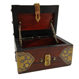 Vintage Wooden Treasure Chest Box with Brass Accents – Jewelry Keepsake Storage